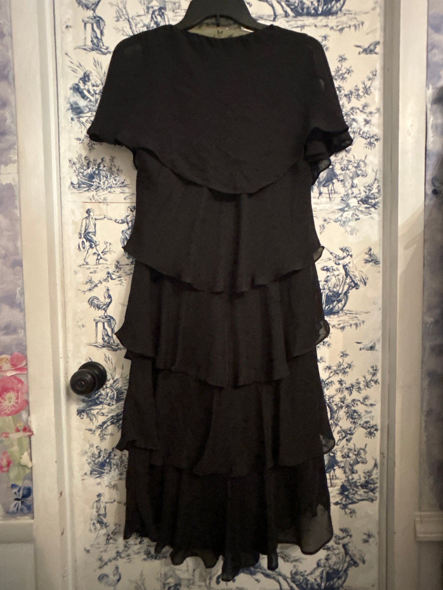 Vintage 80s Black Ruffle Tiered midi Dress | Retro Glam | Pre-Loved Chic | Sustainable Style