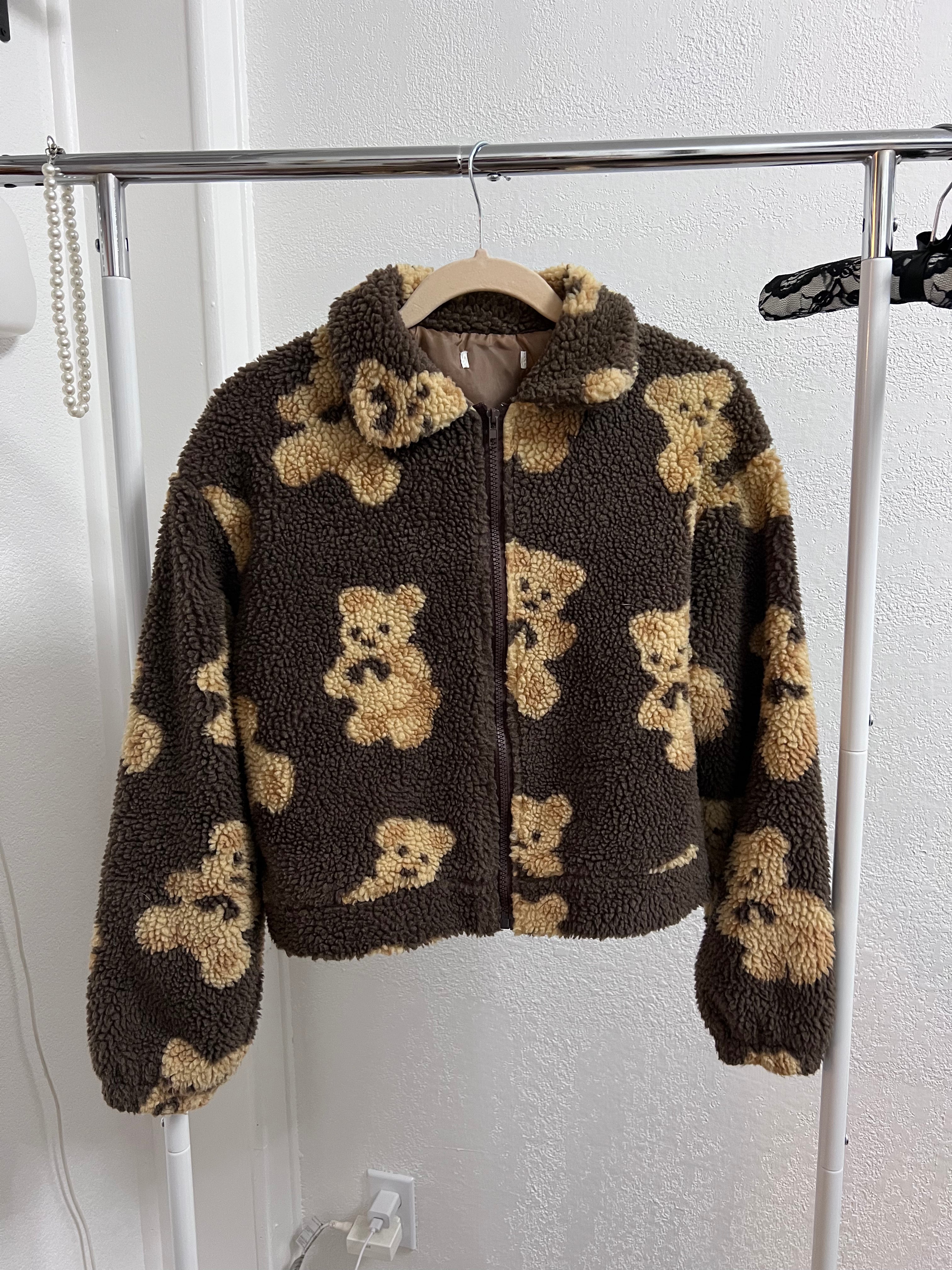Bear Pattern Plush Teddy Zip Jacket