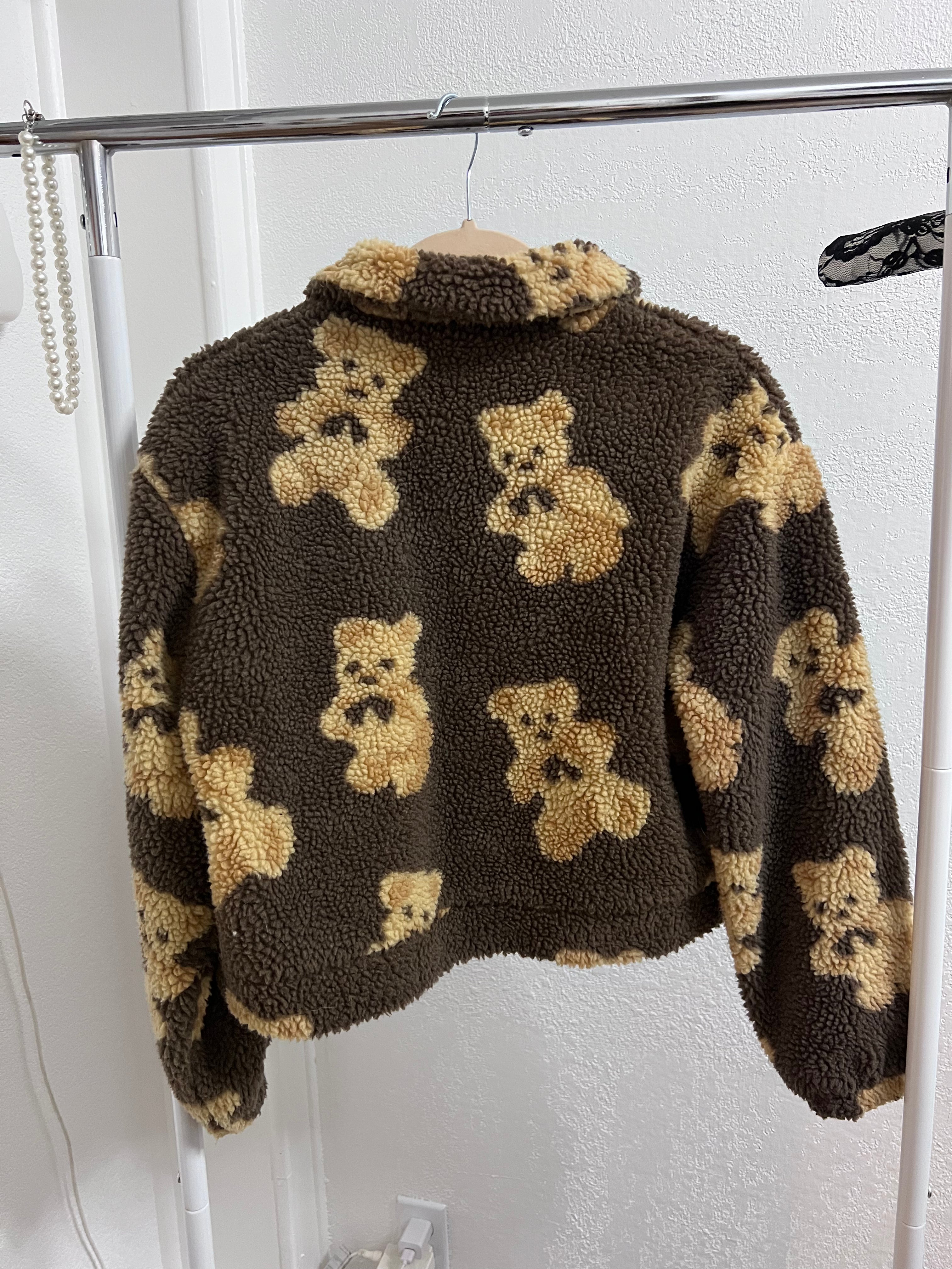 Bear Pattern Plush Teddy Zip Jacket