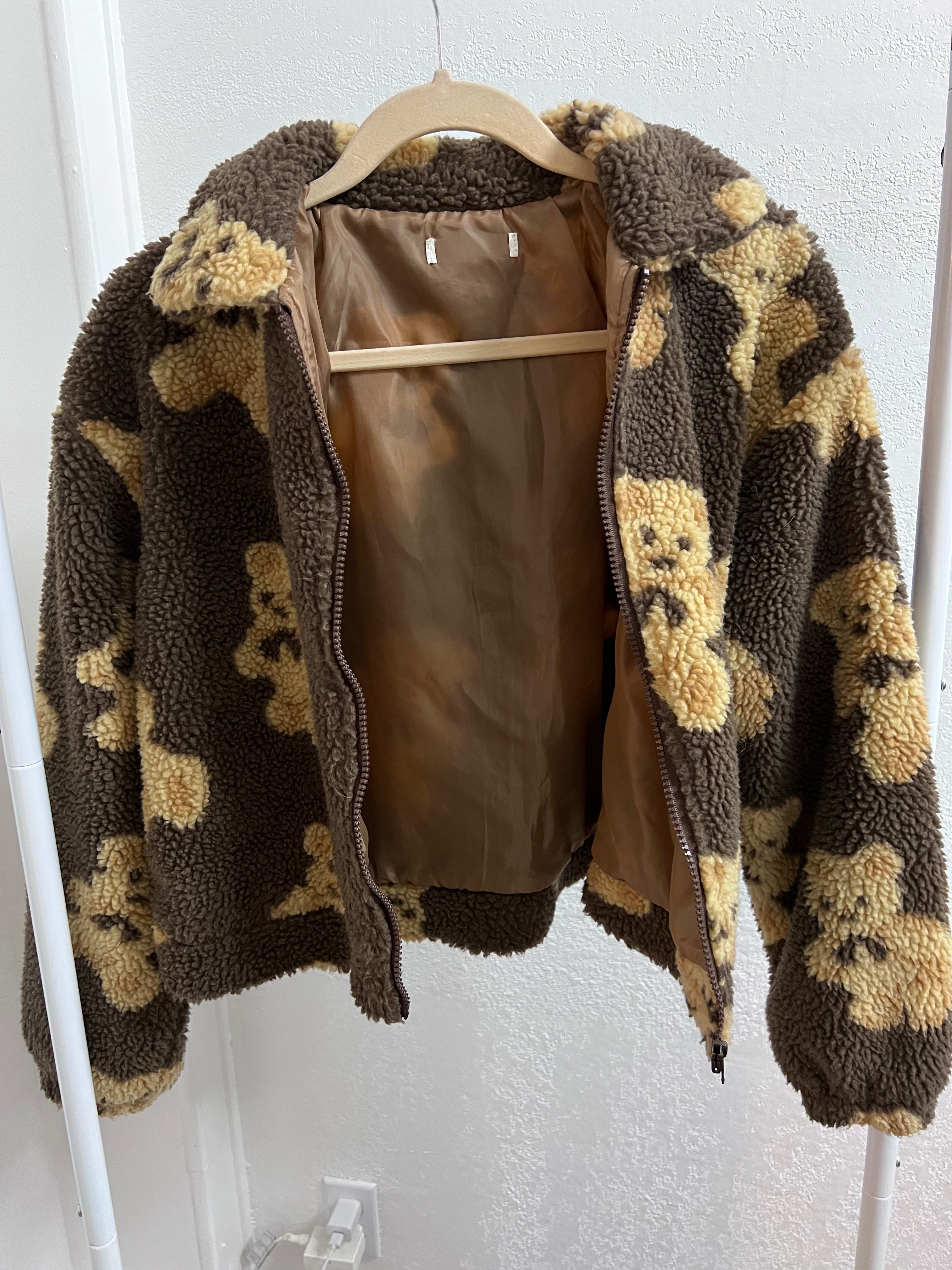 Bear Pattern Plush Teddy Zip Jacket