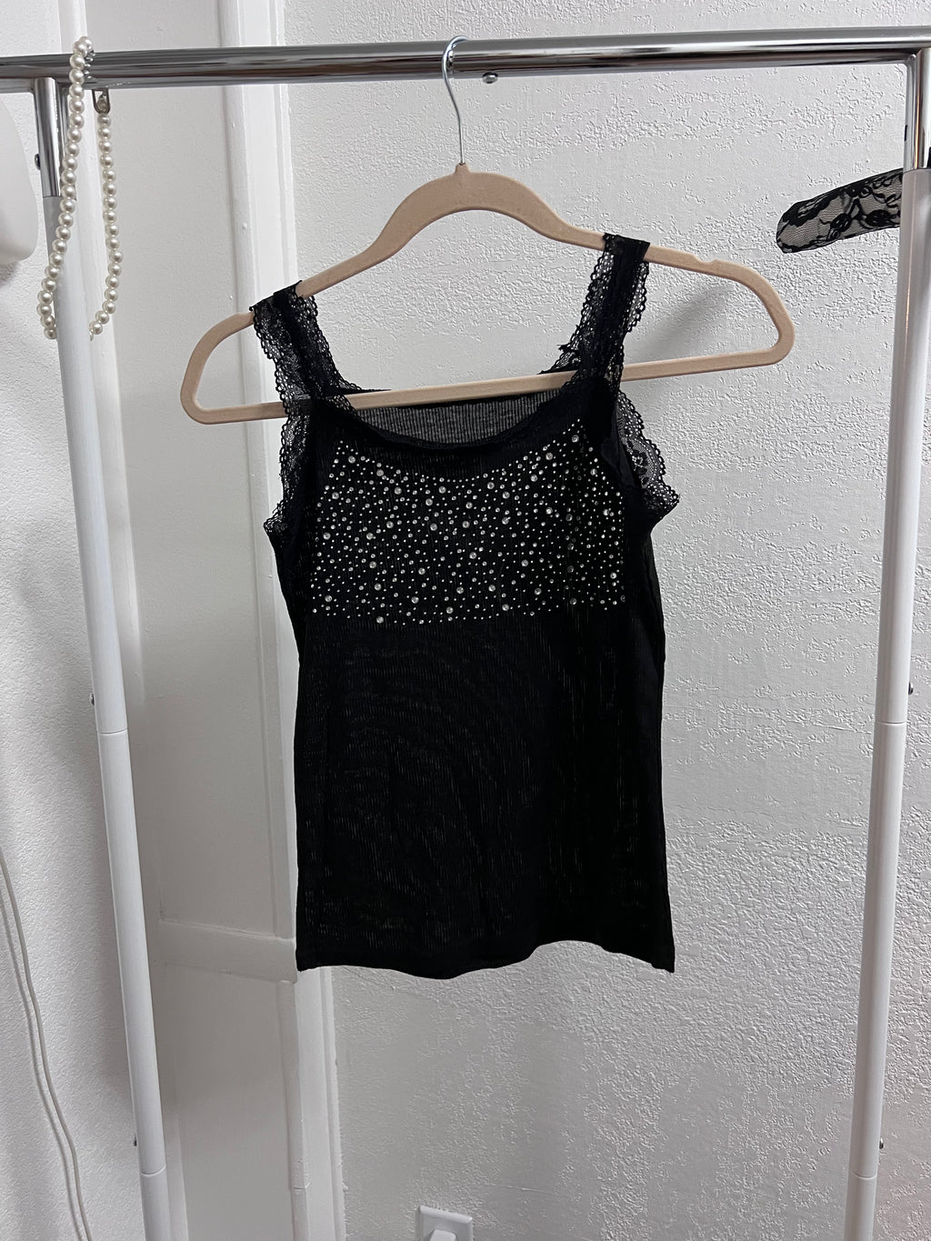 Black Lace Trim Rhinestone Tank Top