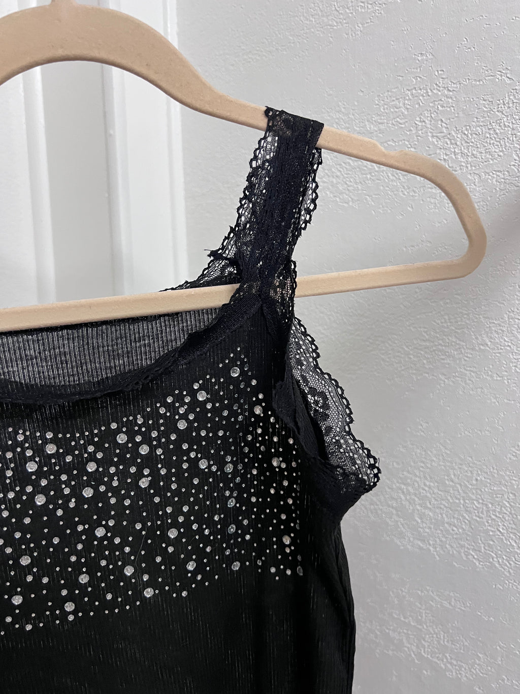 Black Lace Trim Rhinestone Tank Top