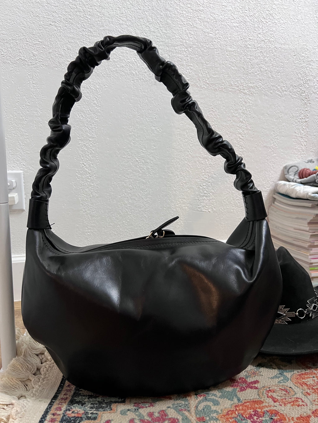 Amerai Italian Leather Ruched Shoulder Bag